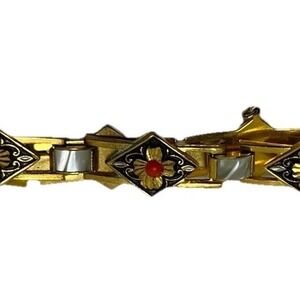 VTG Damascene 7.25 Goldtone Link Bracelet Black Enamel Faux Coral Mother Pearl